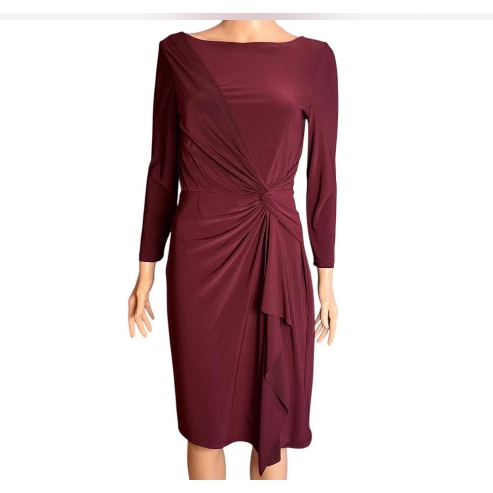 Lauren Ralph Lauren Sheath Dress Womens 10 Burgundy Excellent Long Sleeve Knot
